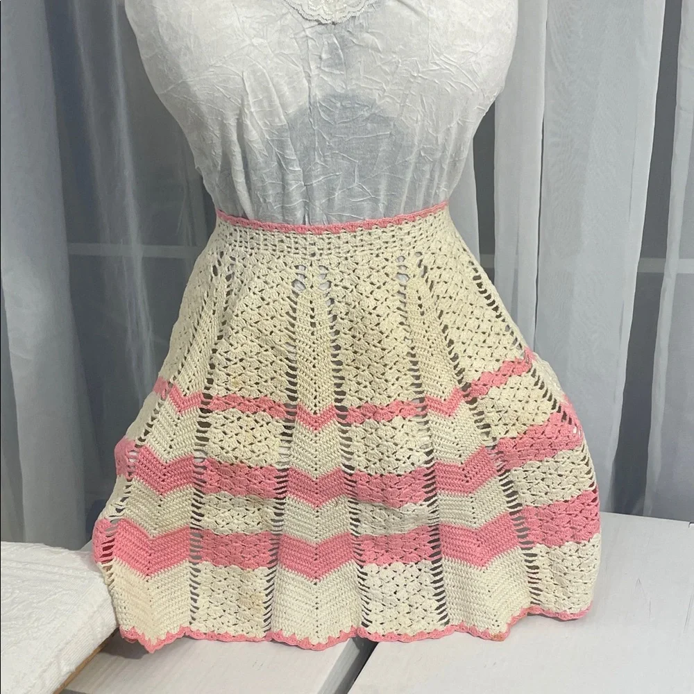 Vintage Crochet Pink and Cream Apron Skirt